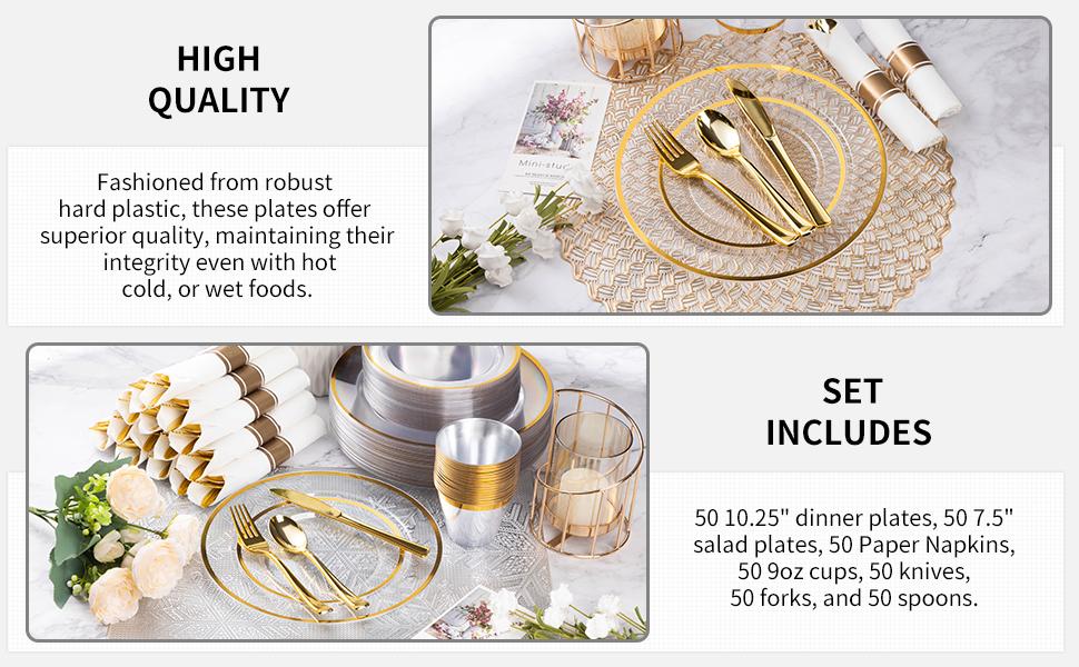 Goodluck 350PCS Gold Disposable Plates Set with Elegant Dinner Dessert Plates Napkins & Gold Cutlery Perfect for Weddings Christmas Birthday Parties & Baby Showers Safe BPA-Free Plastic Sturdy Durable Tableware for Special Events