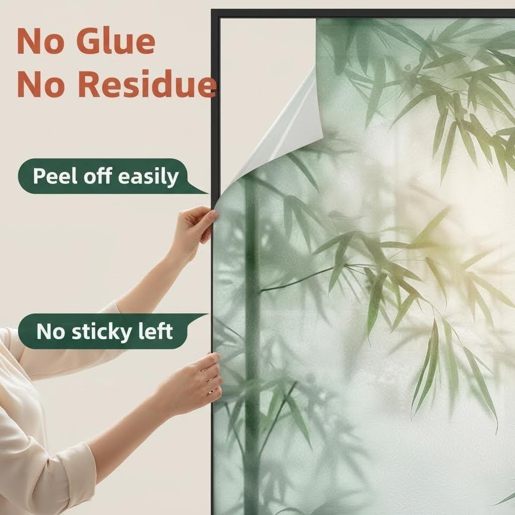 Bamboo Shadow Privacy Window Film, Adhesive-Free Static Window Film, Removable Kitchen Window Sticker, UV Protection Cuttable Window Decal