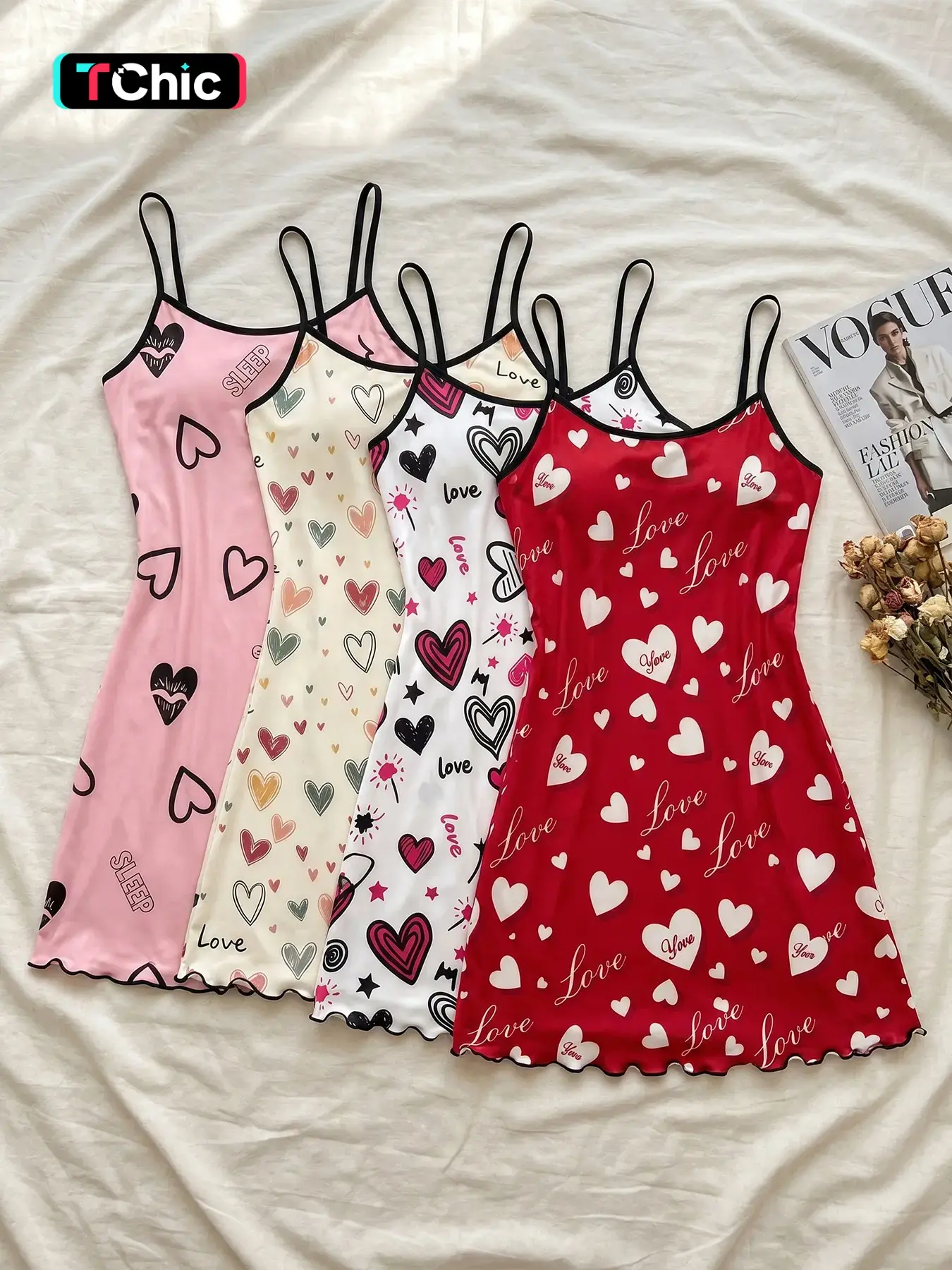 Women's 4 Pack Slip Spaghetti Strap Nightgowns, Summer Wear, Romantic Heart Graffiti Print, Lettuce Trim, Sweet Style, Casual Feminine Sleep Dress