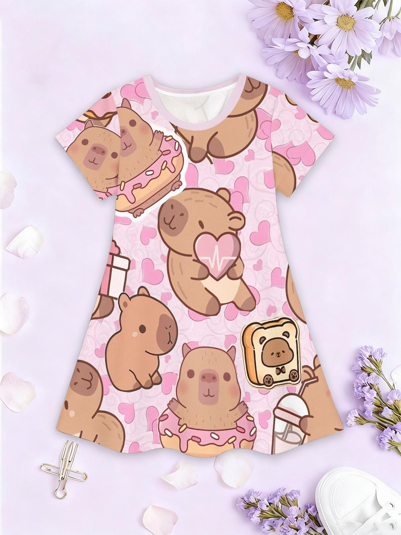 Trendy Girls' Watermelon Food Full Print A-Line Dress, Cute Cartoon Short Sleeve Skirt, Fashion Outdoor Wear, Birthday Gift, Holiday Gift