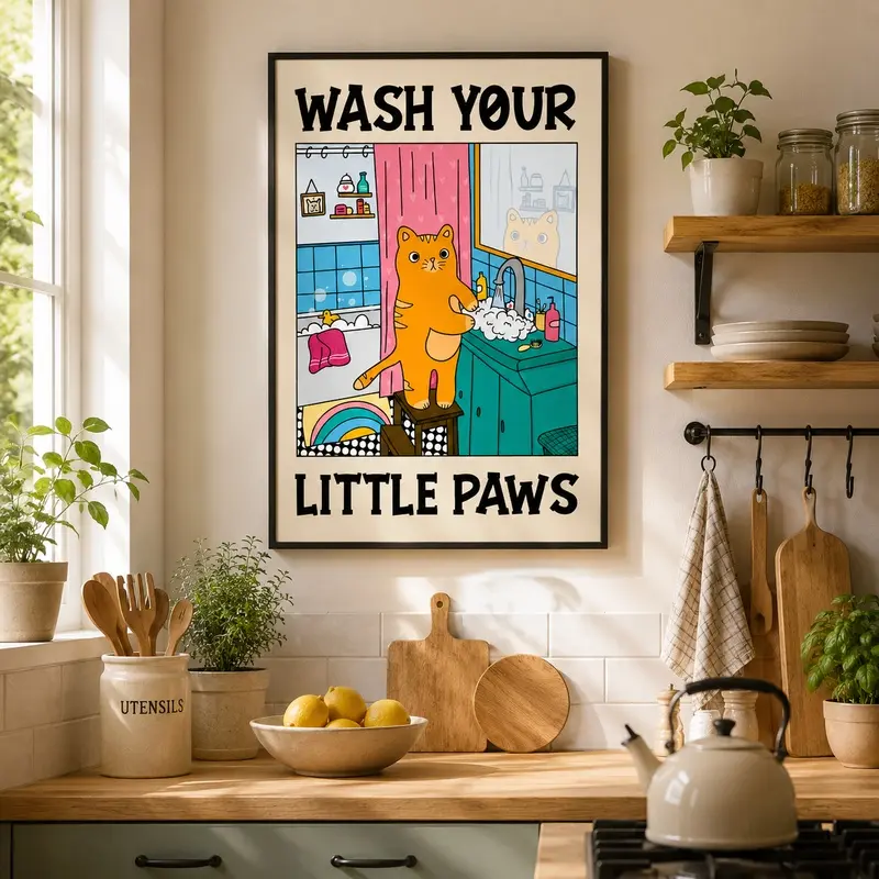 "Wash Your Paws" Funny Cat Bathroom Canvas Wall Art| Cute Orange Kitty Retro Poster| Unframed Washroom Decor Print