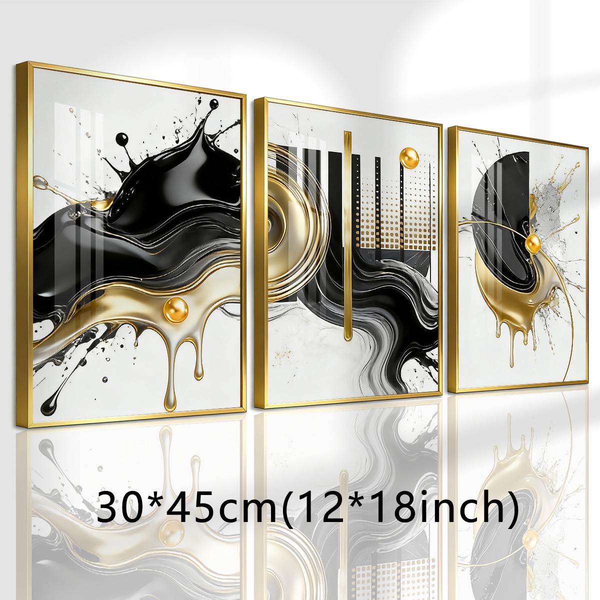 3 Counts Aluminum Alloy Framed Painting, Abstract Black And Gold Fluid Art Pictures, Home Decoration For Living Room, Bedroom, Office, Restaurant, Hallway Wall Decor, Odorless Print Artwork, Luxury Perfect Gift For Friends And Family