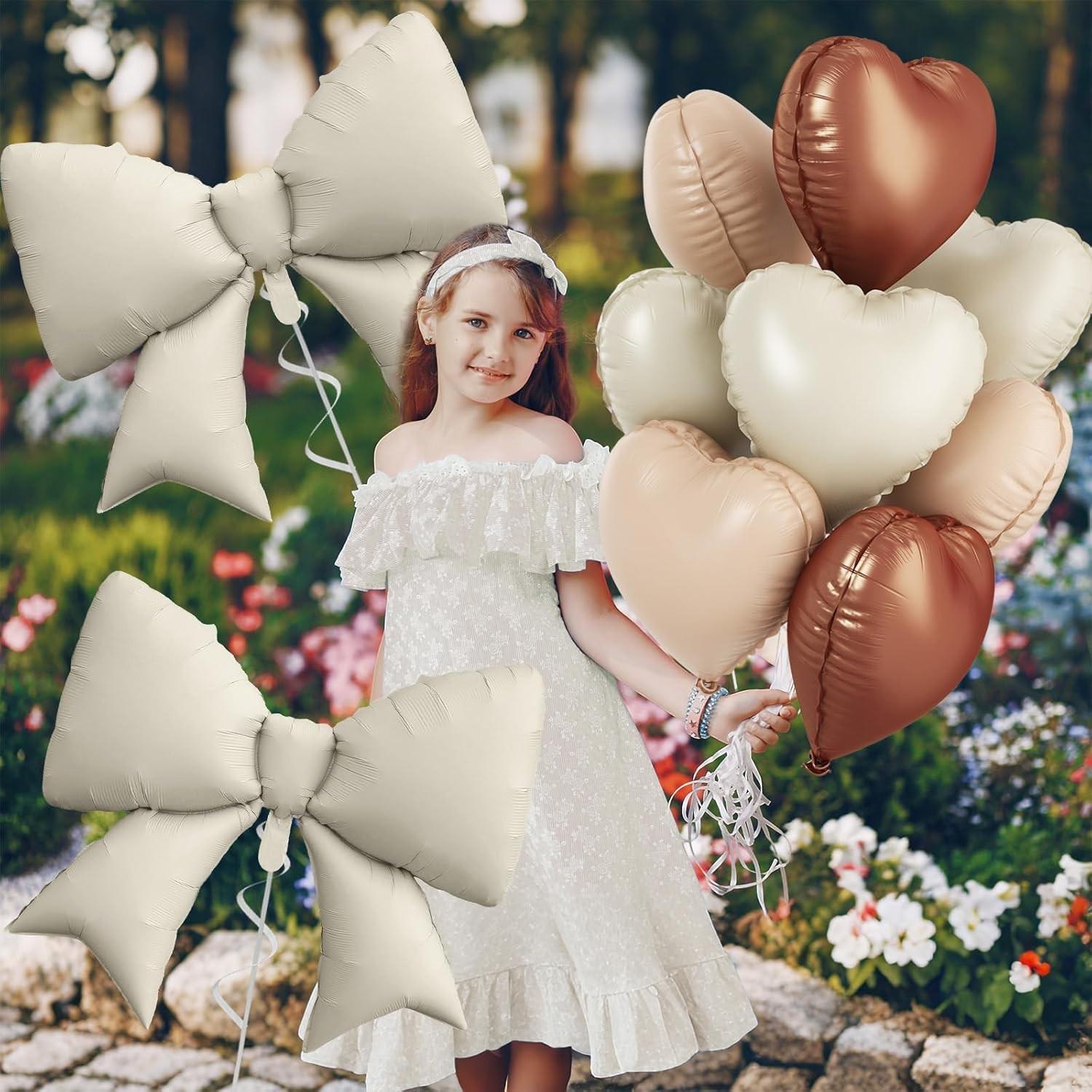 Brown cream heart-shaped balloons, foil bow balloons, 10 18 inch heart-shaped balloons and 2 38 inch bow balloons (with 2 accessories), used for birthday baby shower, Valentine's Day wedding party decoration