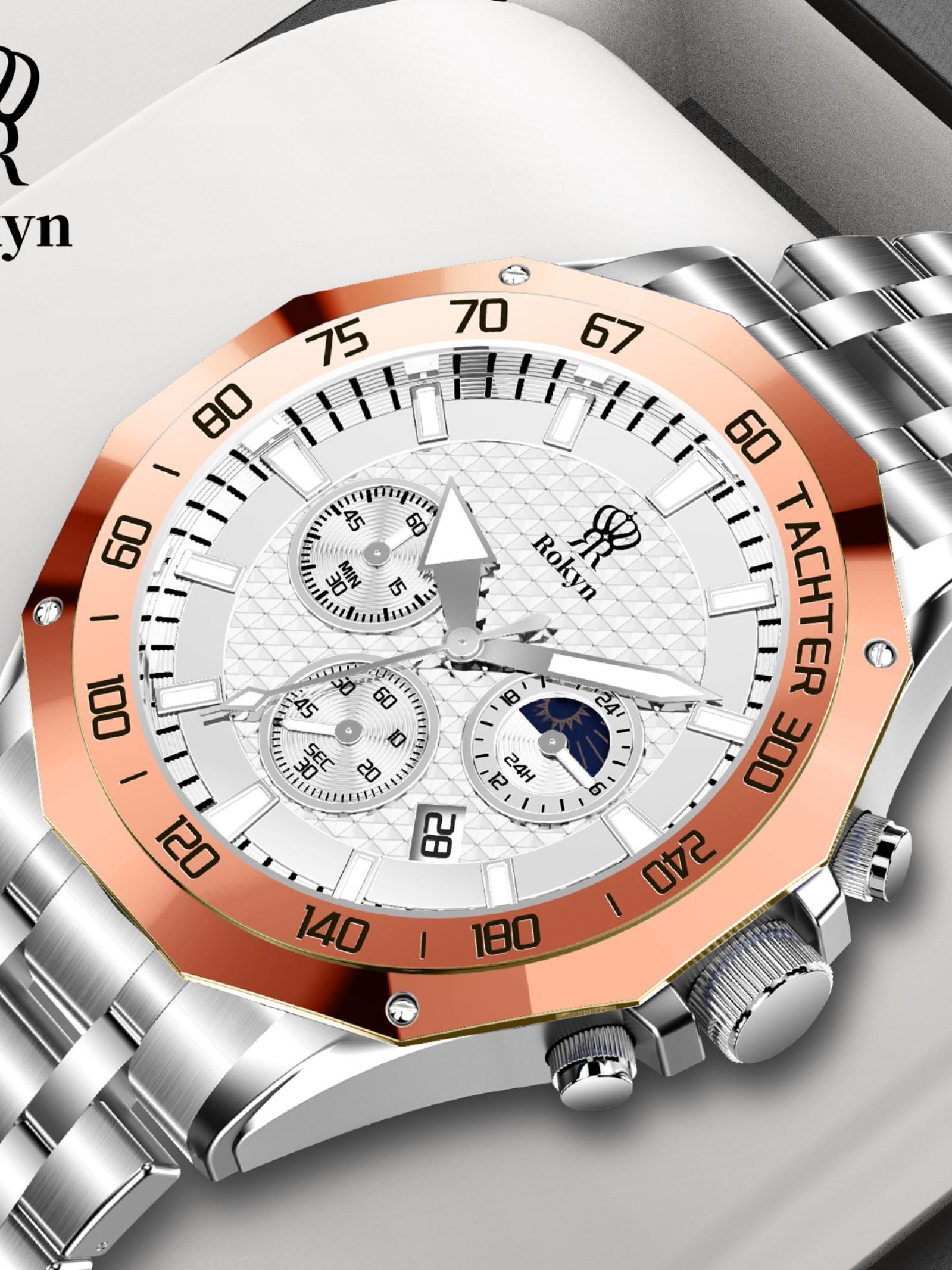 Rokyn Multifunctional Steel Band Quartz Watch, Waterproof Night Glow Moon Phase Timer, Men's Three Eye Six Needle Wristwatch