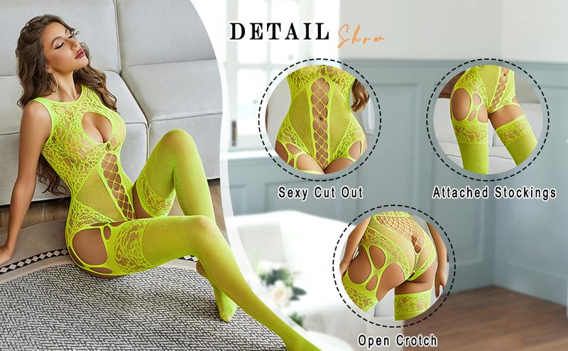 Avidlove Women Lingerie Fishnet Bodysuit Mesh Body Stockings One Piece Glow Party Rave Outfits
