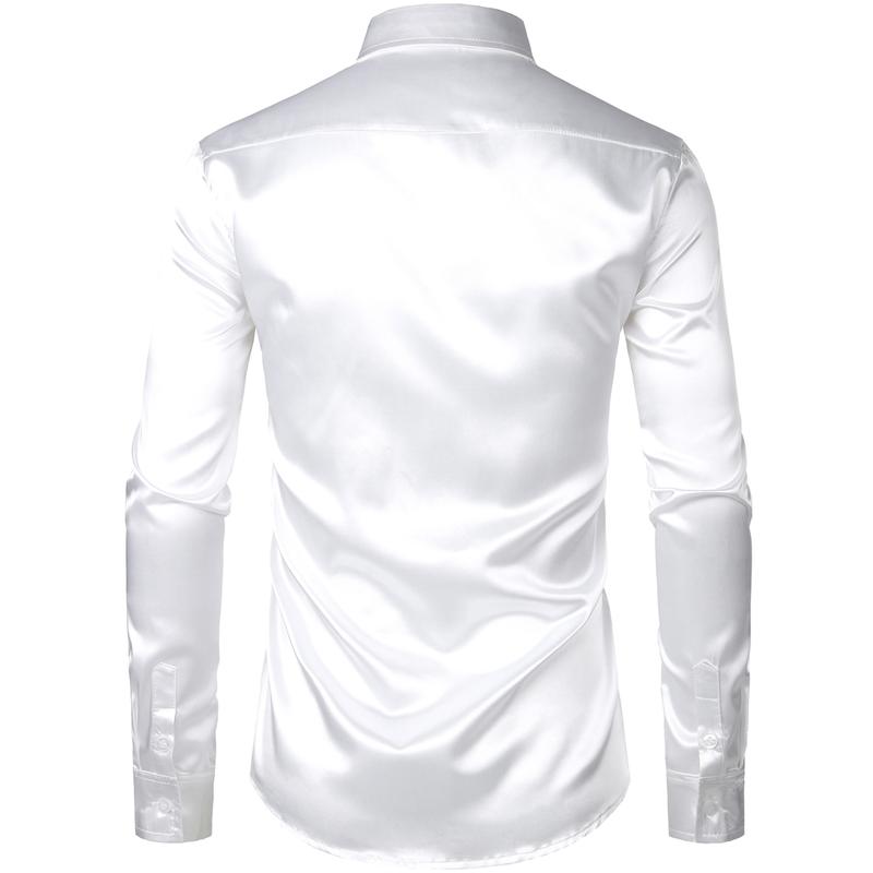 ZEROYAA Men's Luxury Shiny Silk Like Satin Button Up Dress Shirts Soft Polyester Fabric 4th of July Shirt for Men Casual Business Wear