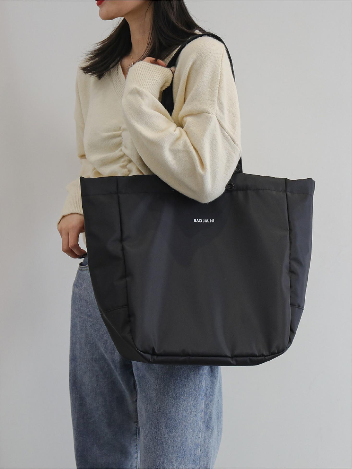 Large capacity drawstring design shoulder bag solid color with letters simple casual tote bag handbag shopping bag travel bag