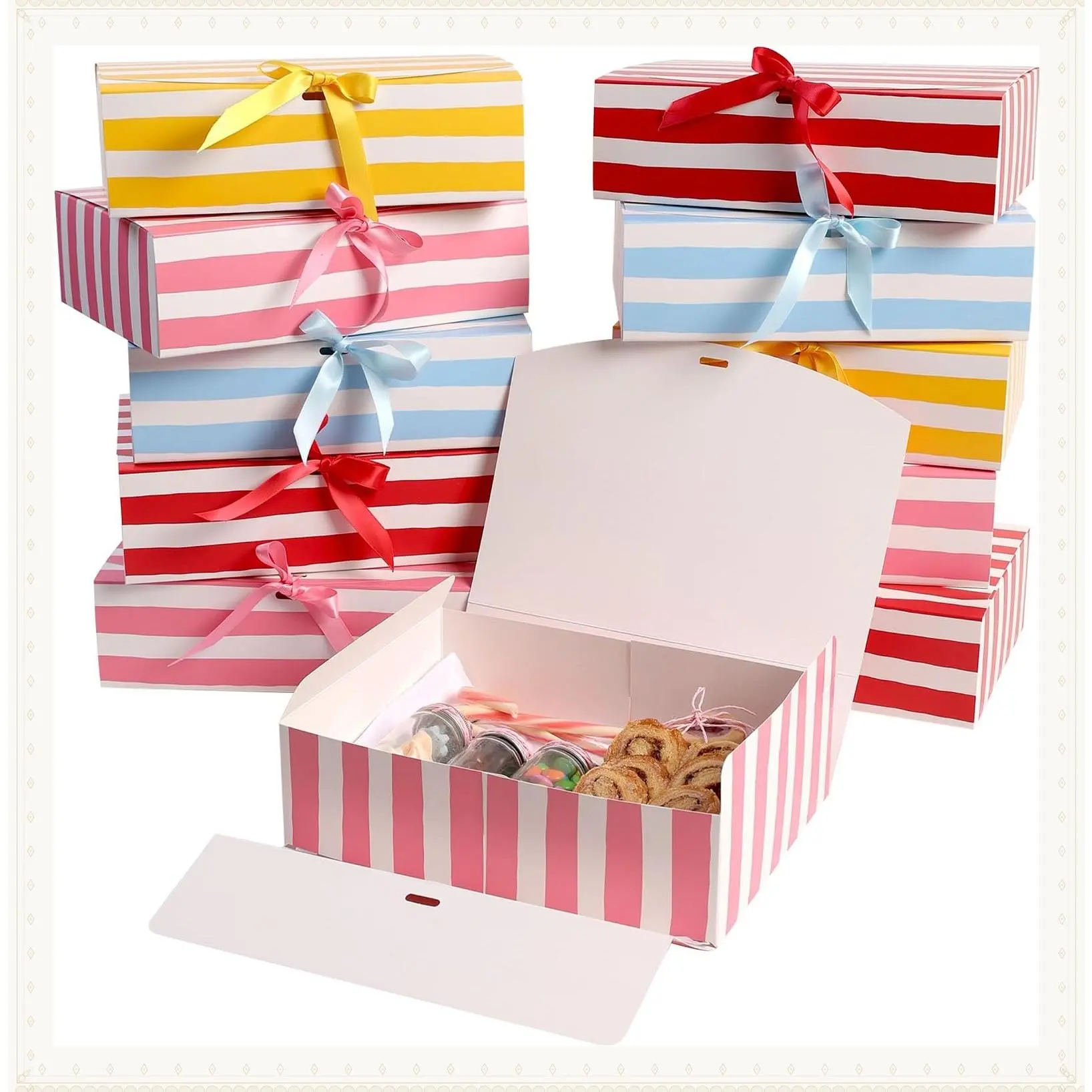 Set of 16 Striped Gift Boxes with Lids & Ribbon Closure - Easy to Assemble Decorative Boxes for Weddings, Birthdays & MoreGift