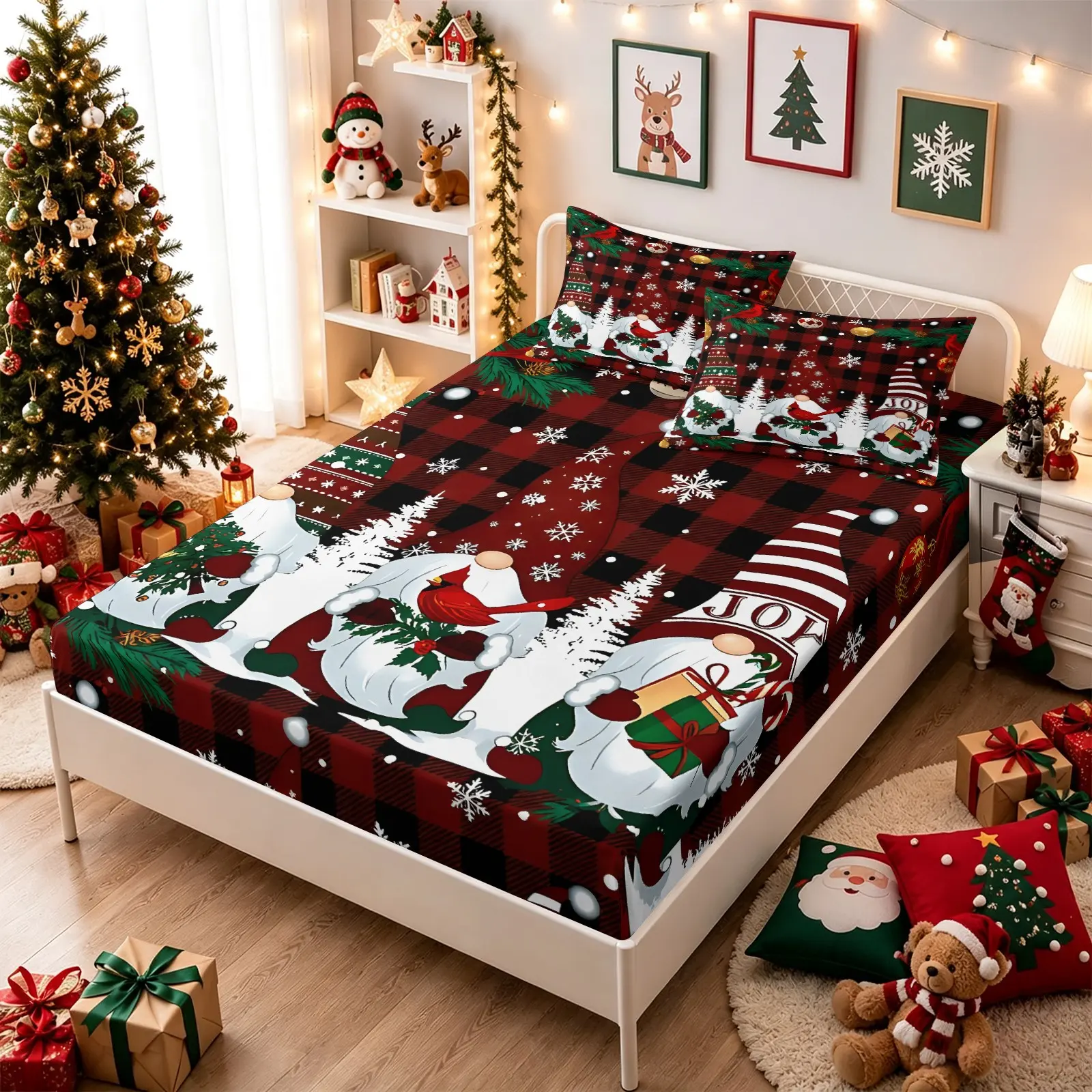 3 PCS Christmas Gnome Red Black Plaid Fitted Sheet Set, 1 Fitted Sheet + 2 Pillowcases, Soft Microfiber Deep Pocket Design, 360° fully wrapped, Nice Christmas Bedroom Decorations, Christmas Party Gifts