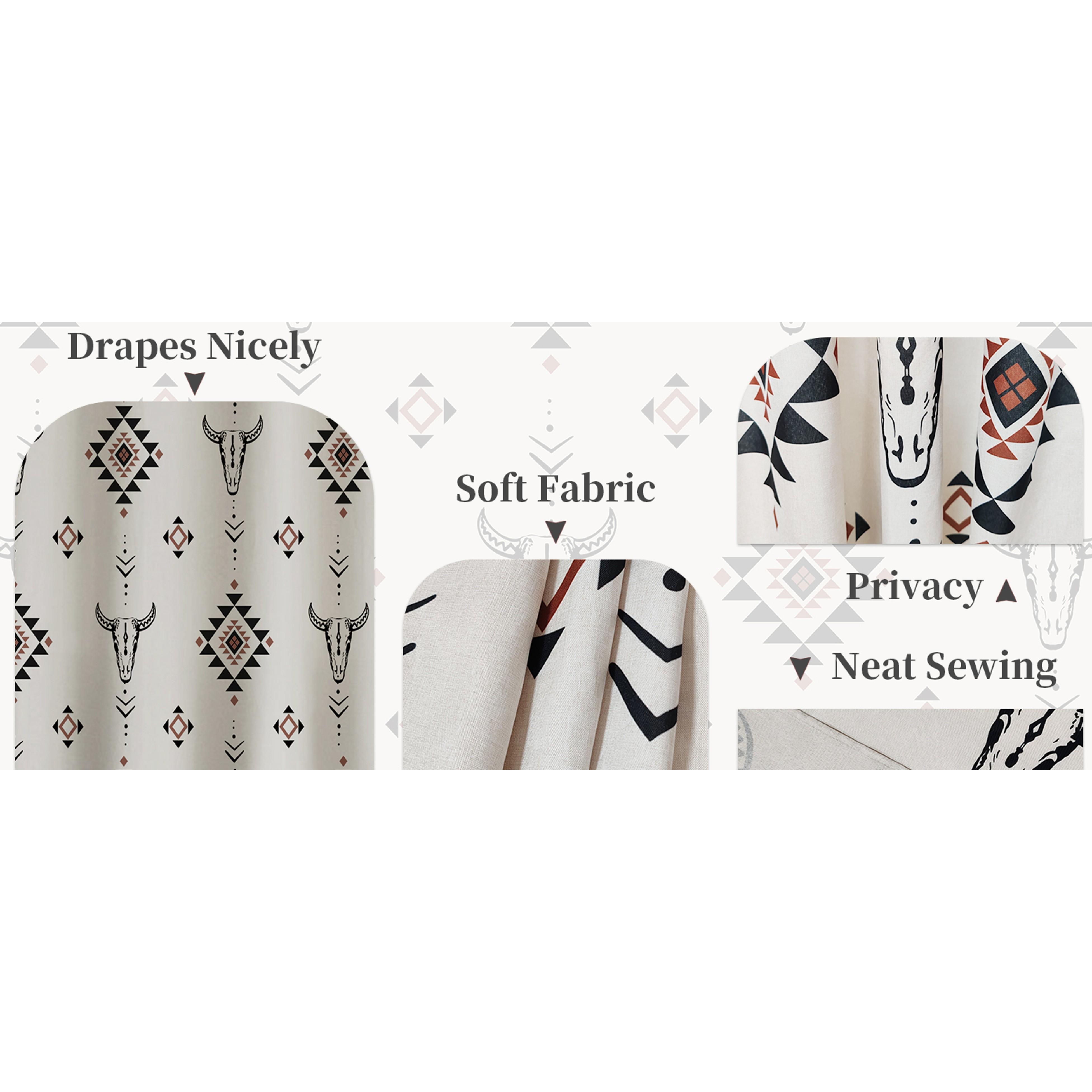 Western Aztec Linen Shower Curtain- Boho Farmhouse Fabric Shower Curtain Set, Ethnic Southwest Bull Skull Cow Shower Curtains for Bathroom, 72x72 Bath Curtain