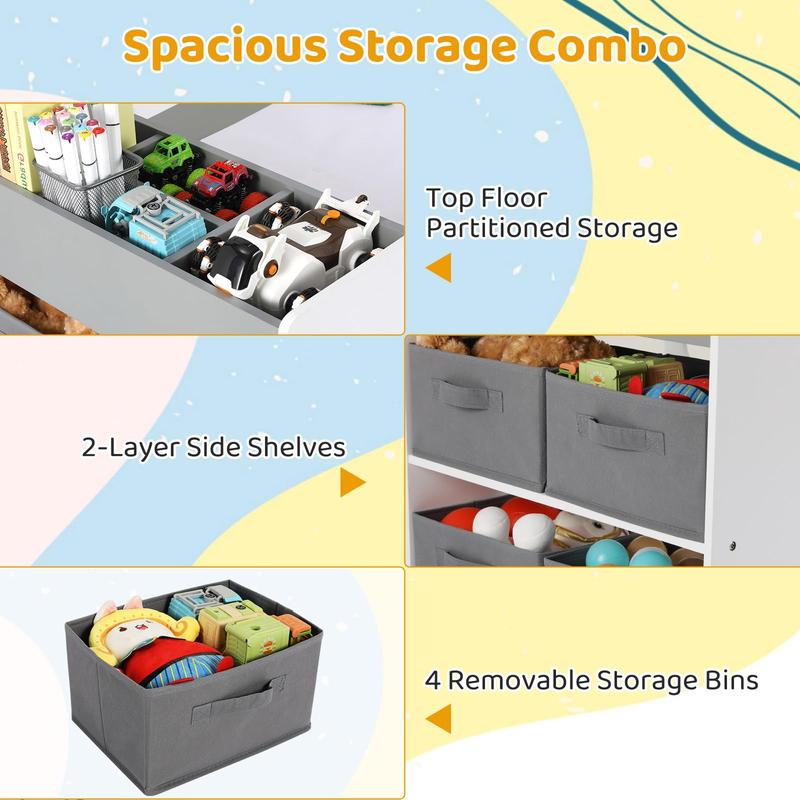 Wooden Kids Table and 2 Chairs, Toddler Activity and Study Table Furniture,Set with 4 Storage Shelves and Paper Roll,Toddler Craft Drawing Desk,for Daycare, Game Room,Living Room