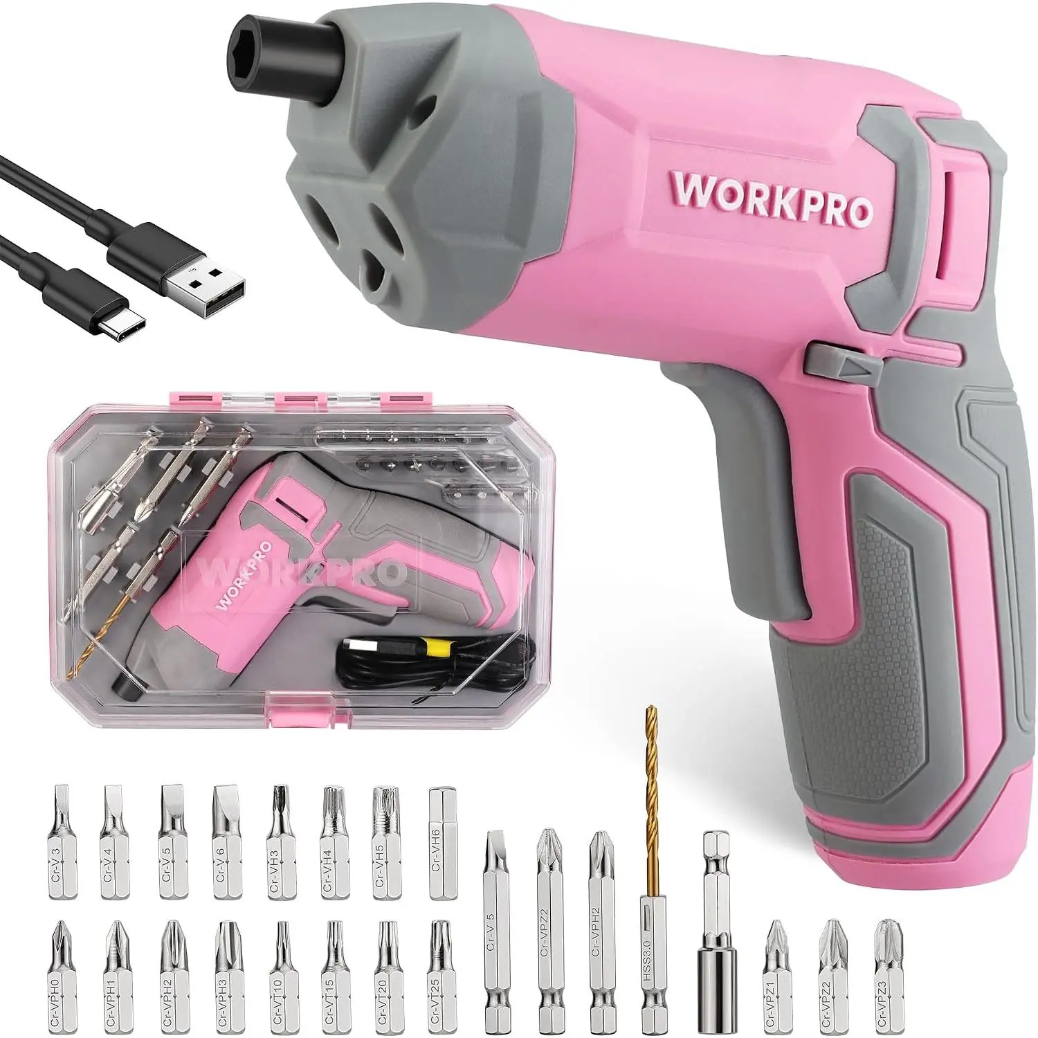 Pink Screwdriver Set, Eccentric Screwdriver| 3.6V Screwdriver Kit Set with 24Pcs Bits, Delay-off LED Light, 2000mAh High-Capacity Battery, Case Included