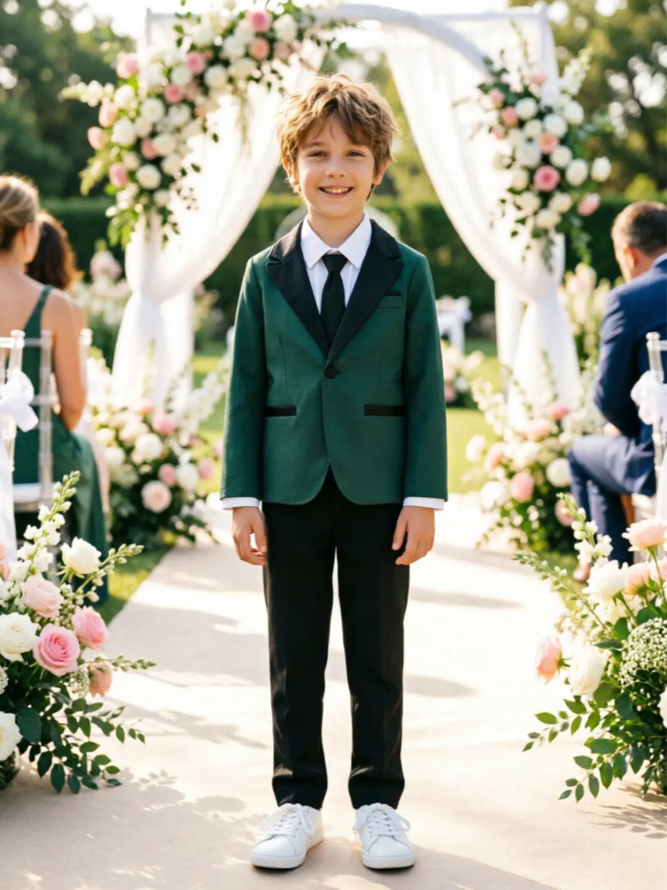 Boys Emerald Green 2 Piece Tuxedo Suit Contrast Satin Lapel Blazer Pants Junior Groomsman Ring Bearer Fall Wedding Formal Birthday Party Outfit Breathable Classic Trend