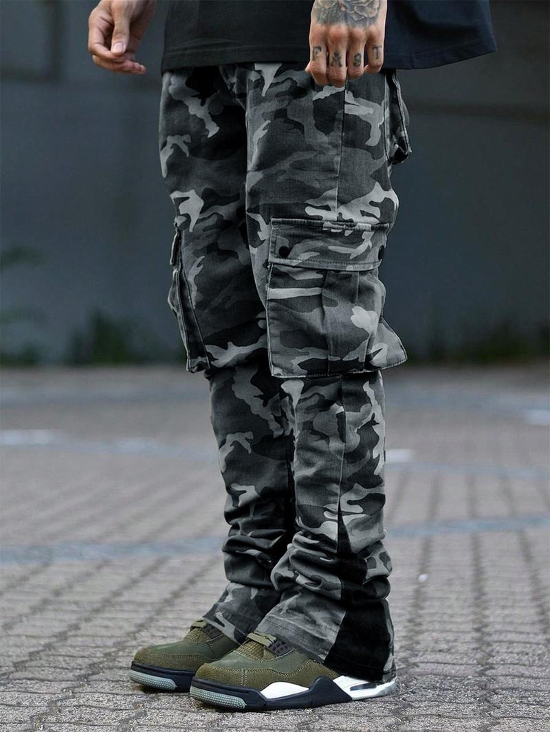 Men's New Camo Pants Fashion Outdoor Wide Leg Pants Large Pockets Decorative Woven Flare Pants Suitable for Young Casual Wear