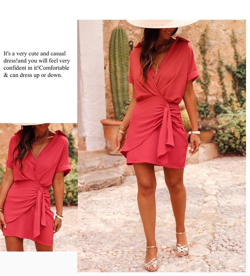 Asvivid Women‘s Summer Dresses Pleated and Waisted Basic Casual Shortsleeve Solid Color Button Front Dress Womenswear