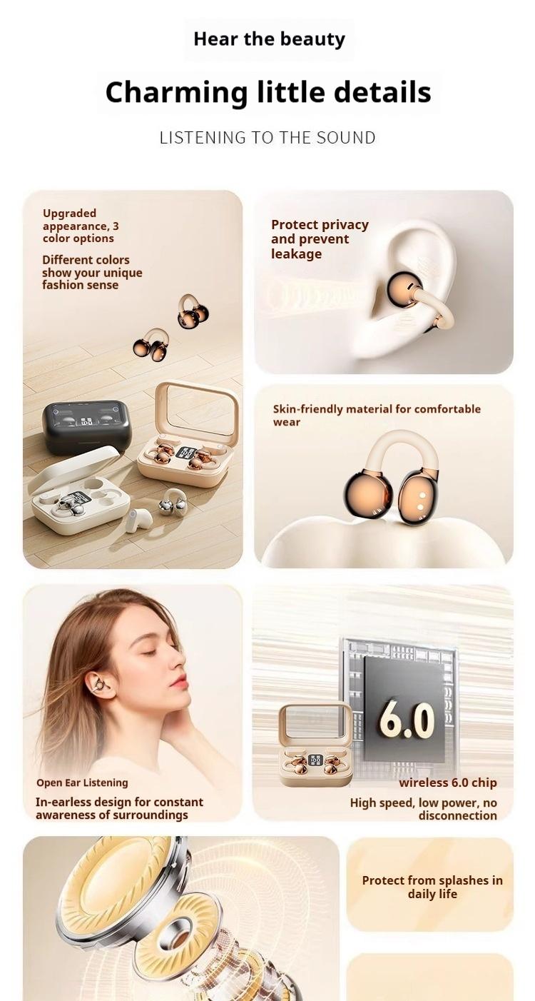Hetoie 2026 Open-Back Bluetooth-compatible Earbuds, Wireless Headphones with Clear Mic, Type-C Fast Charging, Comfortable All-Day Wear