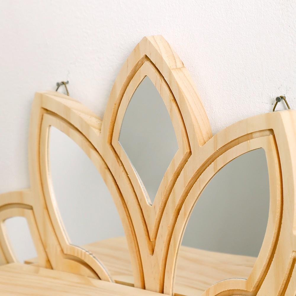 1pc Lotus Flower Wooden Wall Shelf with Mirror, 13.18" Boho Floating Shelf, Rustic Decor for Living Room, Bedroom, Bathroom, Yoga Room