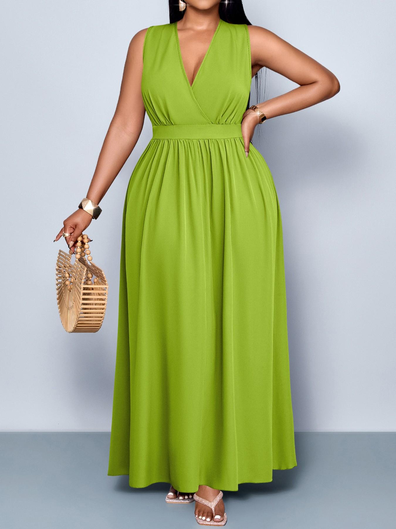 Plus Size Women's Elegant Sexy Casual Sleeveless High Waist A-Line Dress, Spring Summer Plain Color Plus Size V Neck Fitted Dress Womenswear