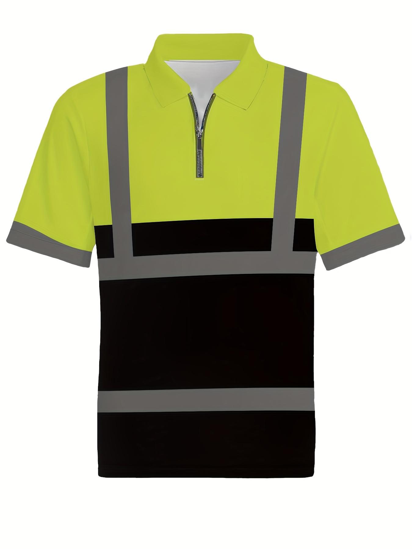 Men's High Visibility Reflective Polo Shirt, Half-Zip Short Sleeve Hi Vis Casual Work Shirt, Fluorescent Yellow & Black Safety Construction Workwear with Reflective Strips