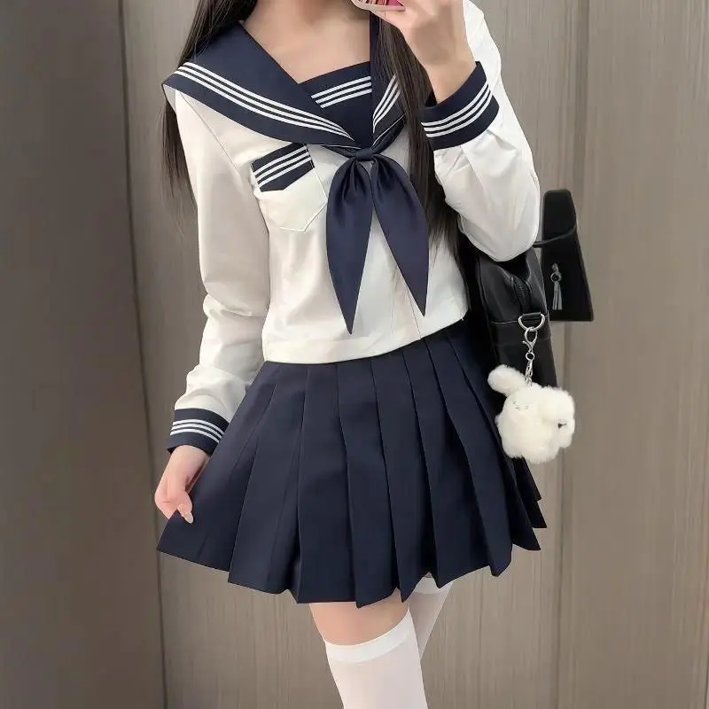 Preppy Style JK Uniform Set White Three Stripes Design Navy Blue Skirt Japanese School Inspired Basic Campus Outfit For Girls