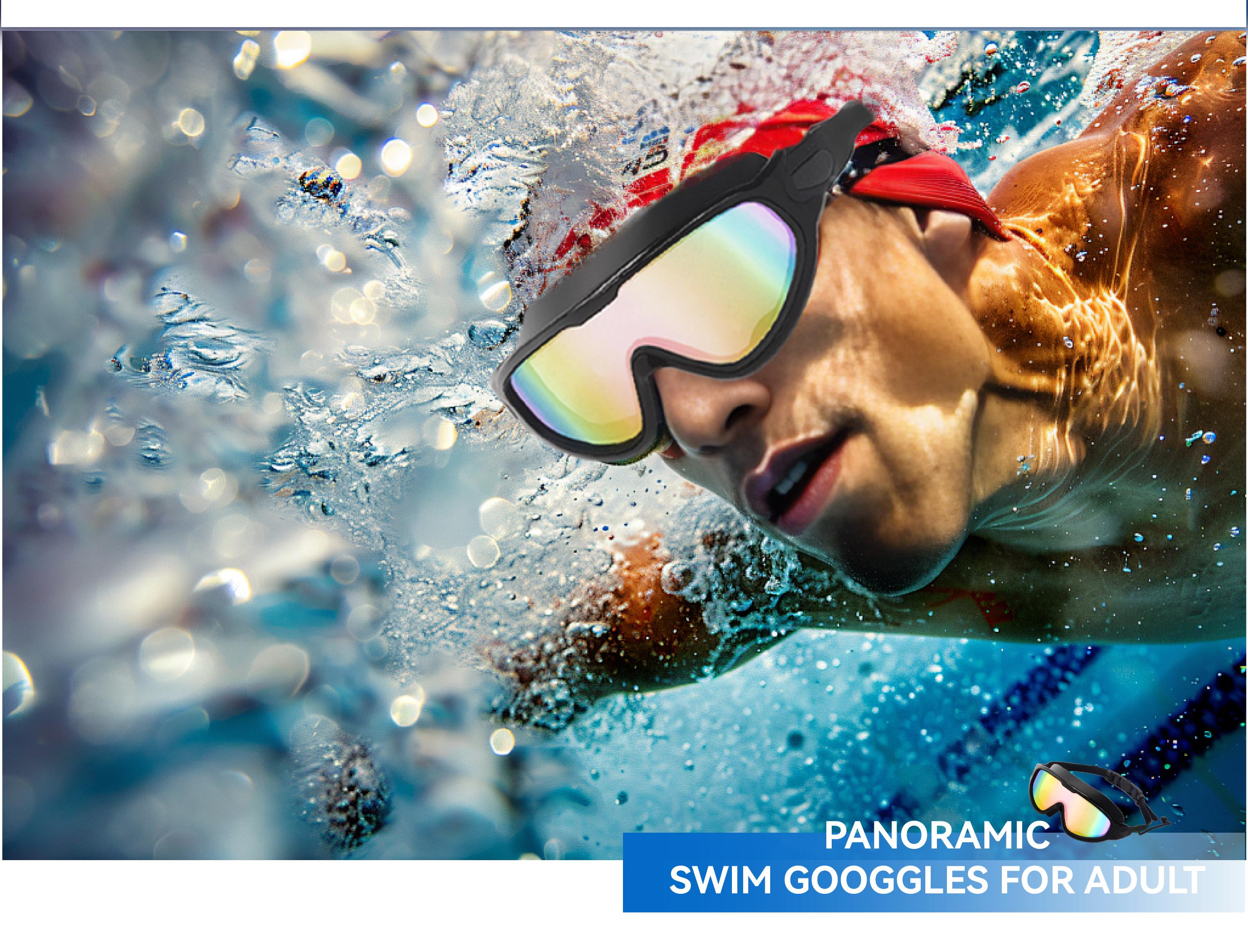 2 Pack Swim Goggles with Waterproof Earplugs & Nose Clip for Adults/Kids, Anti-Fog  Full-Coverage 180 °   Wide View Swim Goggles, Bright Multicolor UV Lens, Fit Outdoorfun