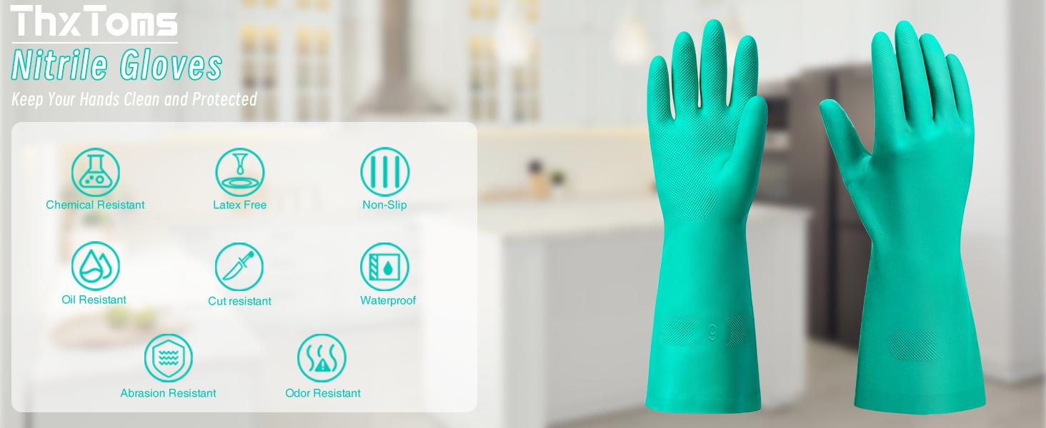 Chemical Resistant Nitrile Cleaning Gloves, Latex-Free, 1 Pair (Size L), 15mil, Reusable, Acid-Alkali-Solvent-Oil Resistant, Skin-Friendly, Anti-Slip for Industrial Household Use