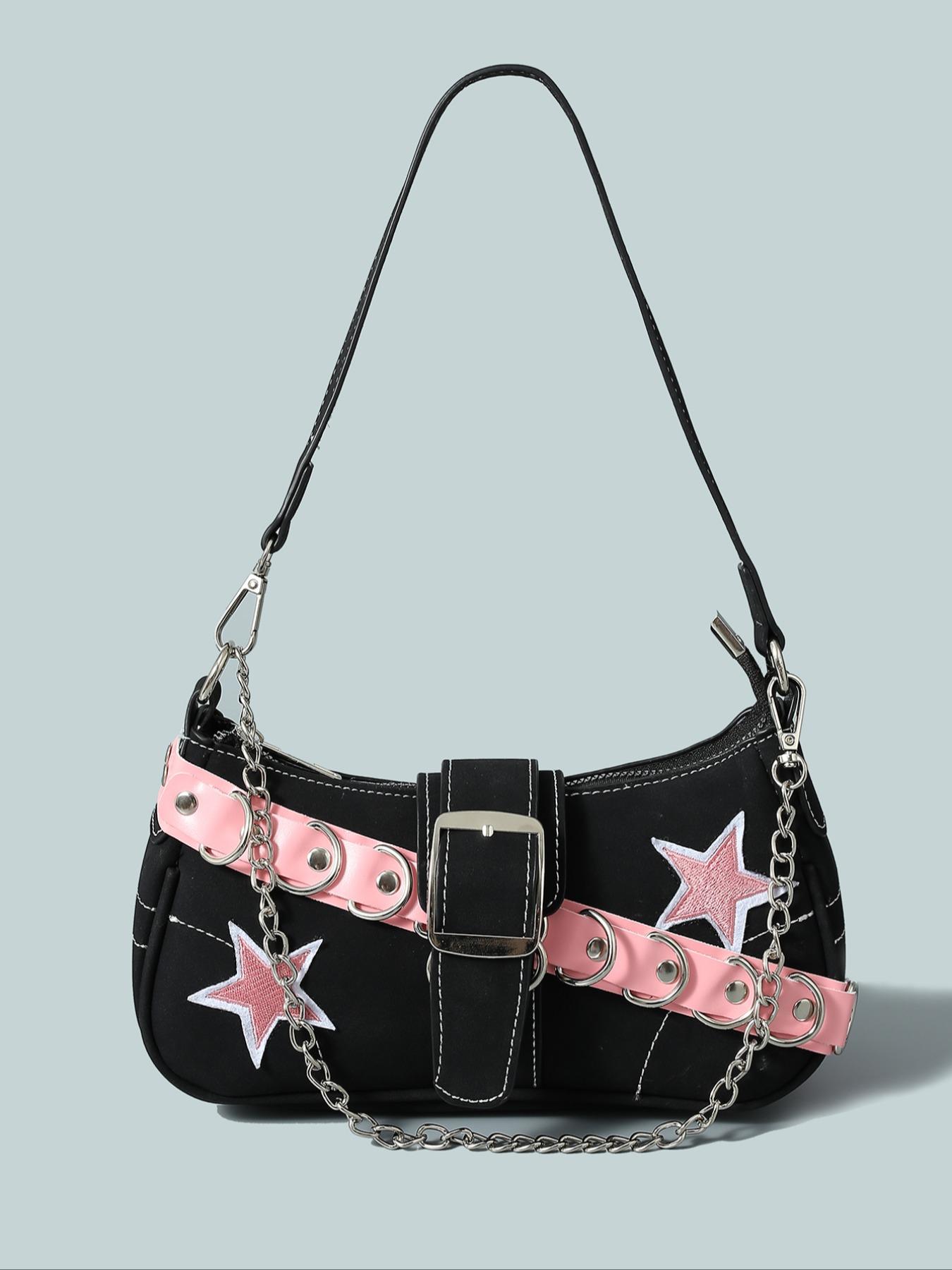 Women's Fashionable Star Patched Shoulder Bag, Vintage Y2K Style Chain Decor Underarm Bag for Daily Used, Casual Trendy Versatile High-quality Daily Commuting Bag, Crossbody Chain Bag
