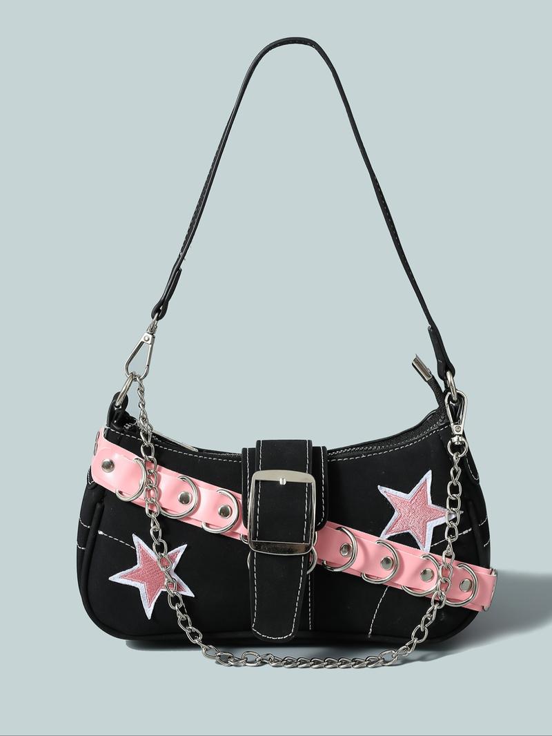 Women's Fashionable Star Patched Shoulder Bag, Vintage Y2K Style Chain Decor Underarm Bag for Daily Used, Casual Trendy Versatile High-quality Daily Commuting Bag, Crossbody Chain Bag