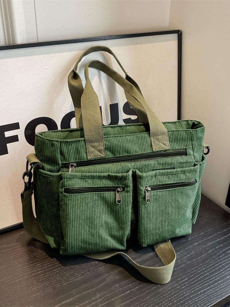 Women's Solid Color Zipper Tote Bag, Large Capacity Multi-pocket Portable Shoulder Bag, Casual Trendy Versatile High-quality Daily Commuting Bag