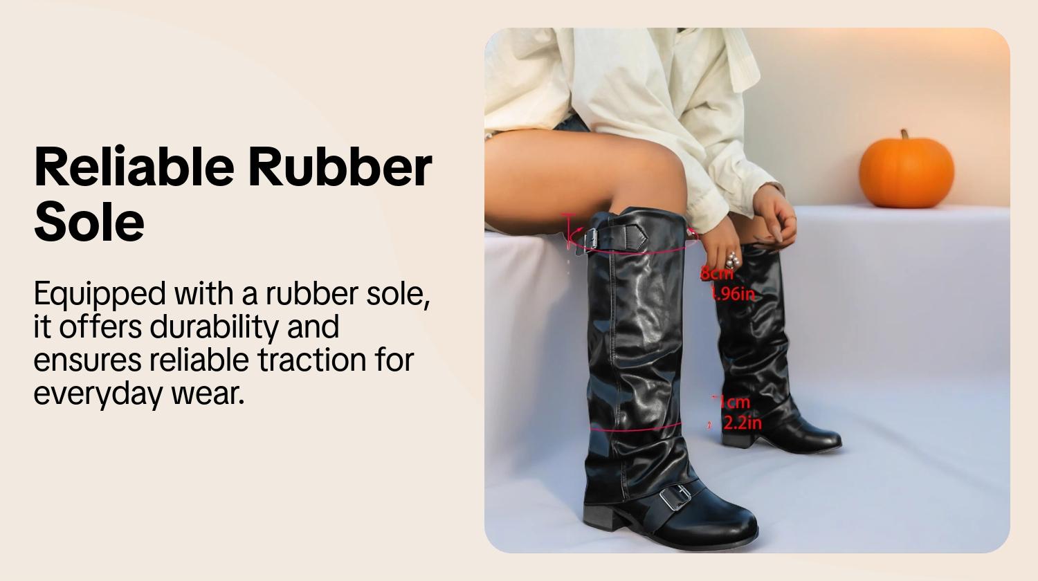 Women's Fashion Faux Leather Low Heel Boots, Casual Belted Knee High Boots, Round Toe Rubber Sole, Fall & Winter Style, Pull On Boots