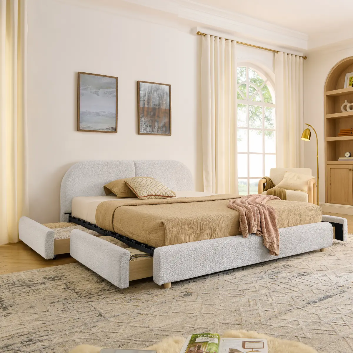Queen Size Upholstered Bed Frame Modern Minimalist Style - Circle Yarn Fabric, Tall Curved Headboard, Sturdy Leg Support & Wheeled Drawer Storage, Mattress Not Included -Beige