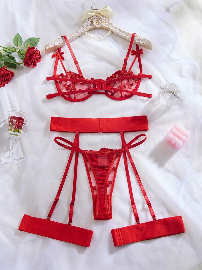 Elegant Heart Embroidered Lace Lingerie Set, Perfect Valentine's Day Gift, Sexy Underwear for Women, Trendy and Comfortable, Adjustable Bodysuit