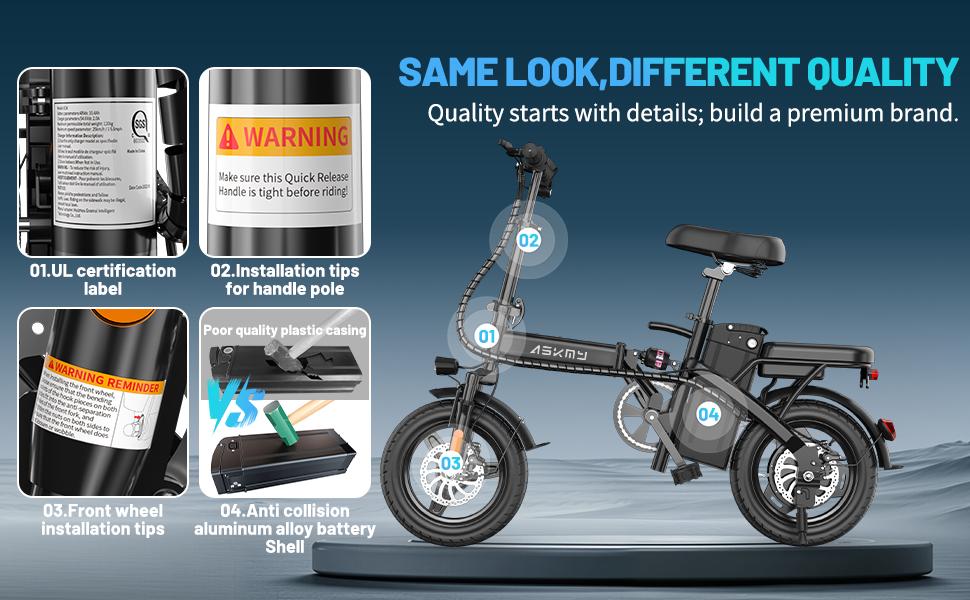 ASKMY E14 Folding Electric Bike 1000W Peak Motor, Up to 45 Miles Range | 14" Tubeless Tires, Dual Disc Brakes | UL Certified, Puncture-Tested Battery, 12-Month Warranty, Lightweight Design