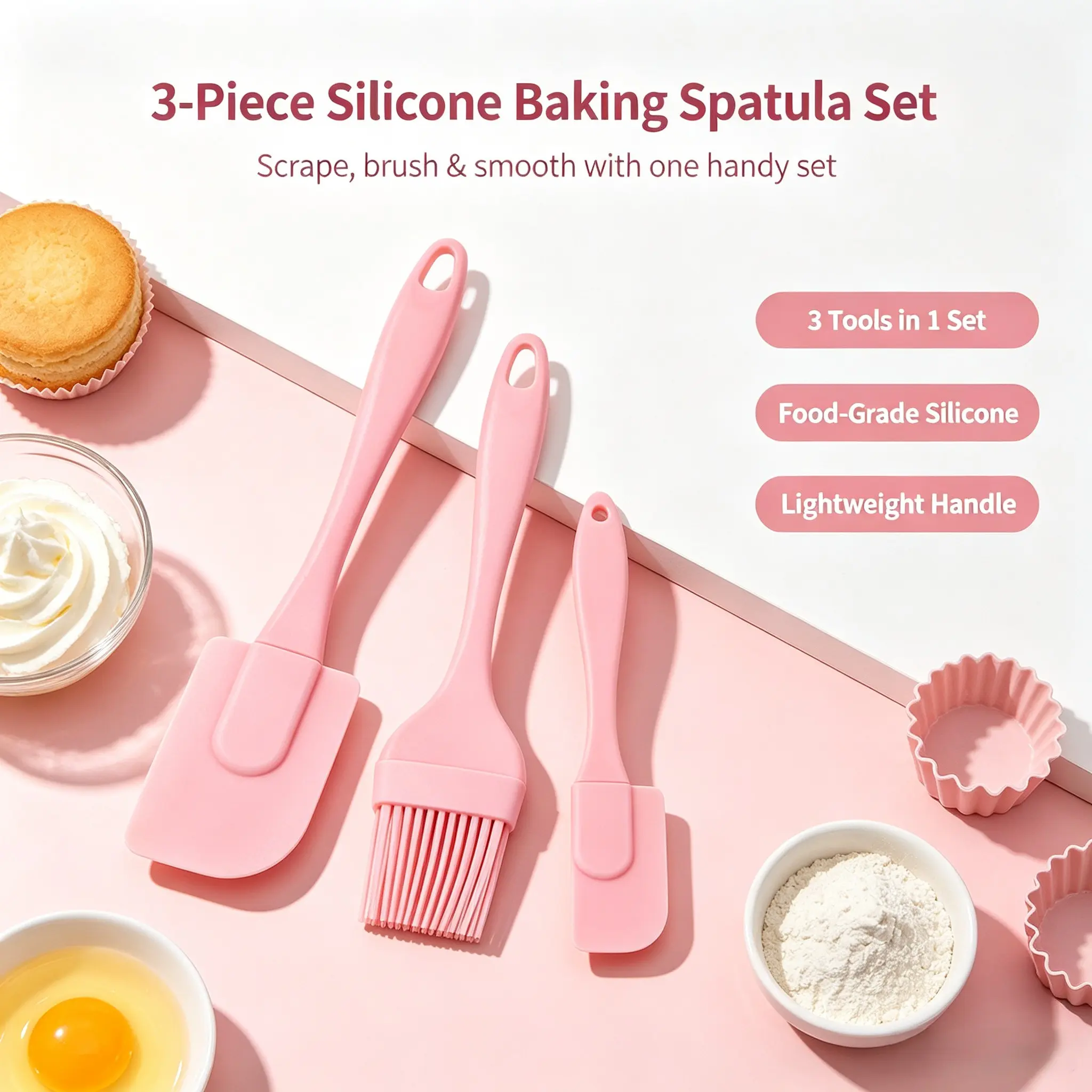 Silicone Spatula and Brush Set, 3-Piece Heat-Resistant Scratch-Proof, Ideal for Cake Frosting, Cooking, Baking, Kitchen Tools