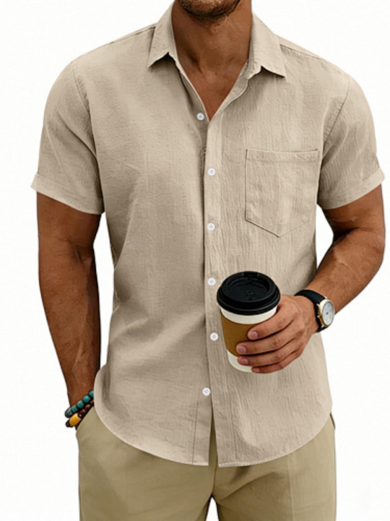Men's Hawaiian-style linen loose-fit semi-high-neck short-sleeved top, designed for casual daily wear with comfortable and breathable fabric