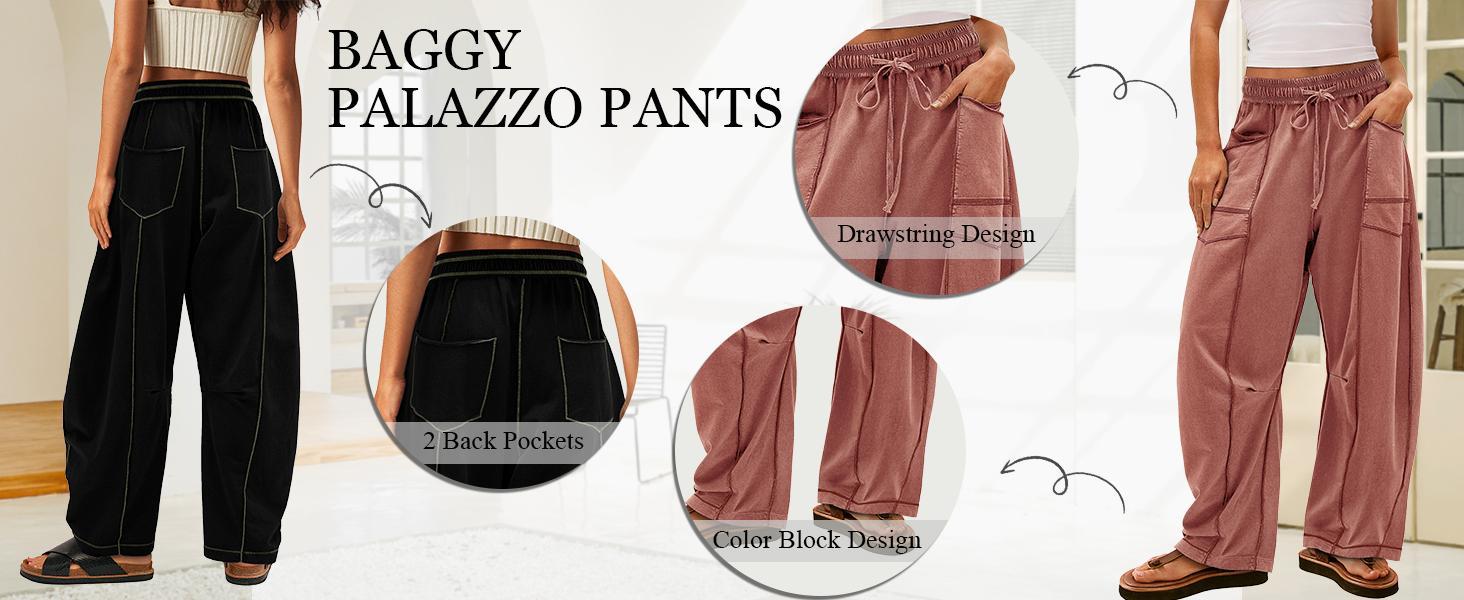 Ommig Womens Baggy Wide Leg Pants Casual Summer Palazzo Pants Drawstring Waist Lounge Pants with Pockets