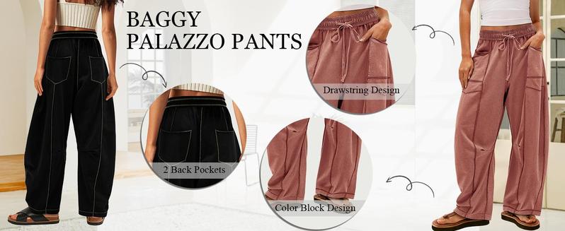 Ommig Womens Baggy Wide Leg Pants Casual Summer Palazzo Pants Drawstring Waist Lounge Pants with Pockets