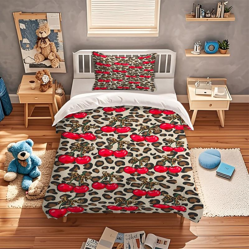 2/3Pcs Leopard Print Cherry Pattern Duvet Cover Set , Retro Sweet and Cool Girl Style Bedding Set, Wild Tension, Sweet Vitality, Full of Retro Sweet and Cool Bedroom Atmosphere, Including 1 or 2 Pillowcases - No Padding/Zipper Closure