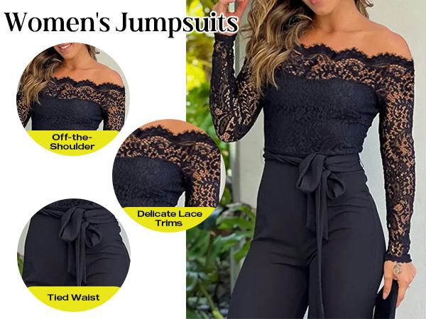ChicMe Women's Off Shoulder Long Sleeve Eyelash Lace Patch Slim Fit Jumpsuit Tied Detail Casual Overalls Elegant Black Fitted