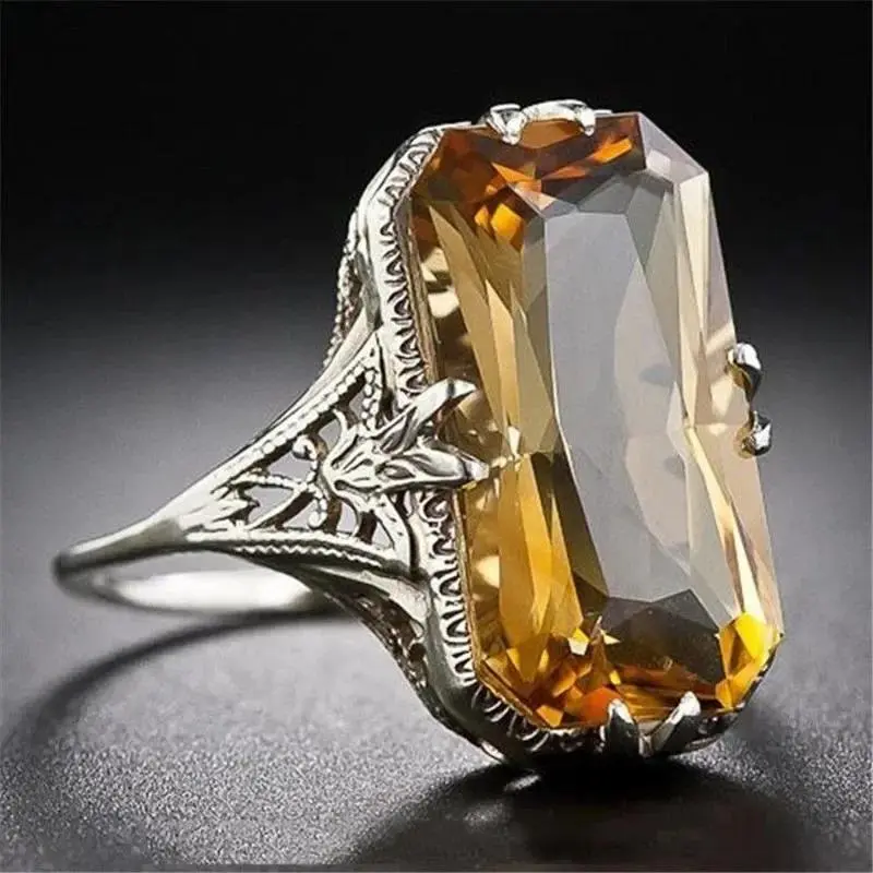 Women's S925 Silver Citrine Ring - Hand-Carved Hollow Natural Gemstone Jewelry, Exaggerated Design, Size-Adjustable, Wedding Accessory, Wholesale