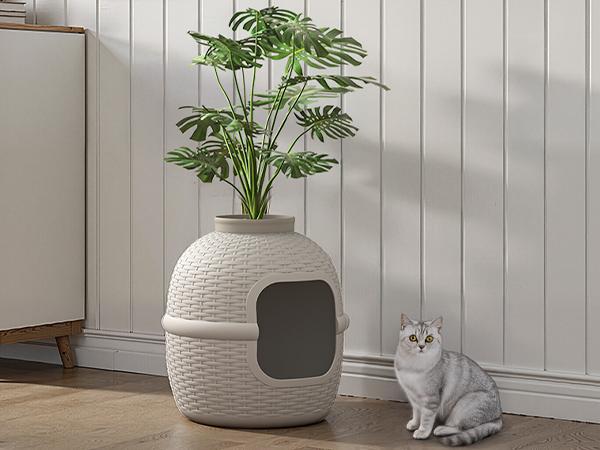 RoyalCraft Hidden Litter Box with Faux Plant, Large Cat Litter Box with Rattan Pattern, Heavy Duty PP Material Litter Box Enclosure Furniture for Home Decor