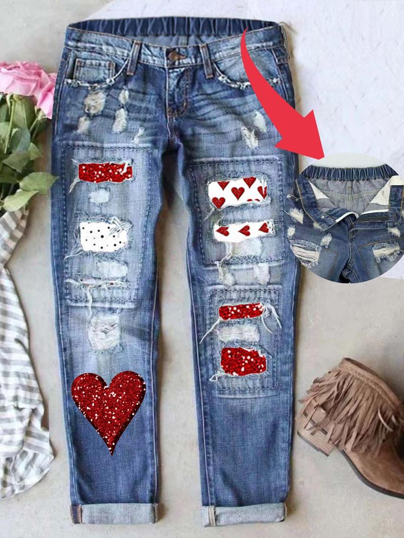 Women’s Ripped Patch Boyfriend Jeans with Multiple Cute Prints Loose Washed Denim Mid-Waist Elastic Waist Breathable & Comfy