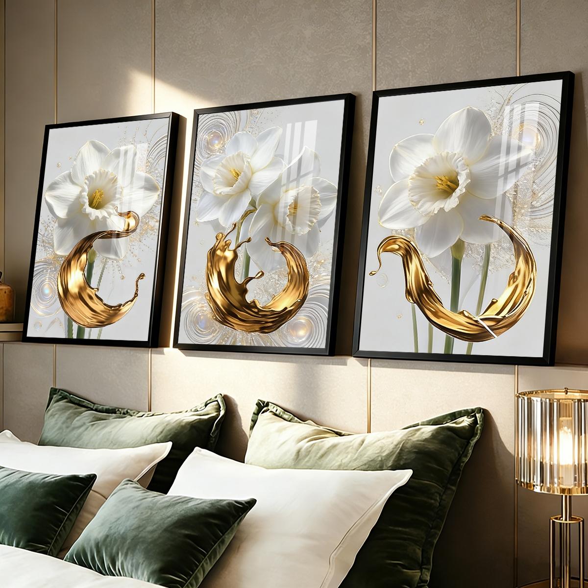3 Counts Aluminum Alloy Framed Painting, White Daffodil Flowers With Golden Liquid Art Pictures, Home Decoration For Living Room, Bedroom, Office, Restaurant, Hallway Wall Decor, Odorless Print Artwork, Luxury Perfect Gift For Friends And Family