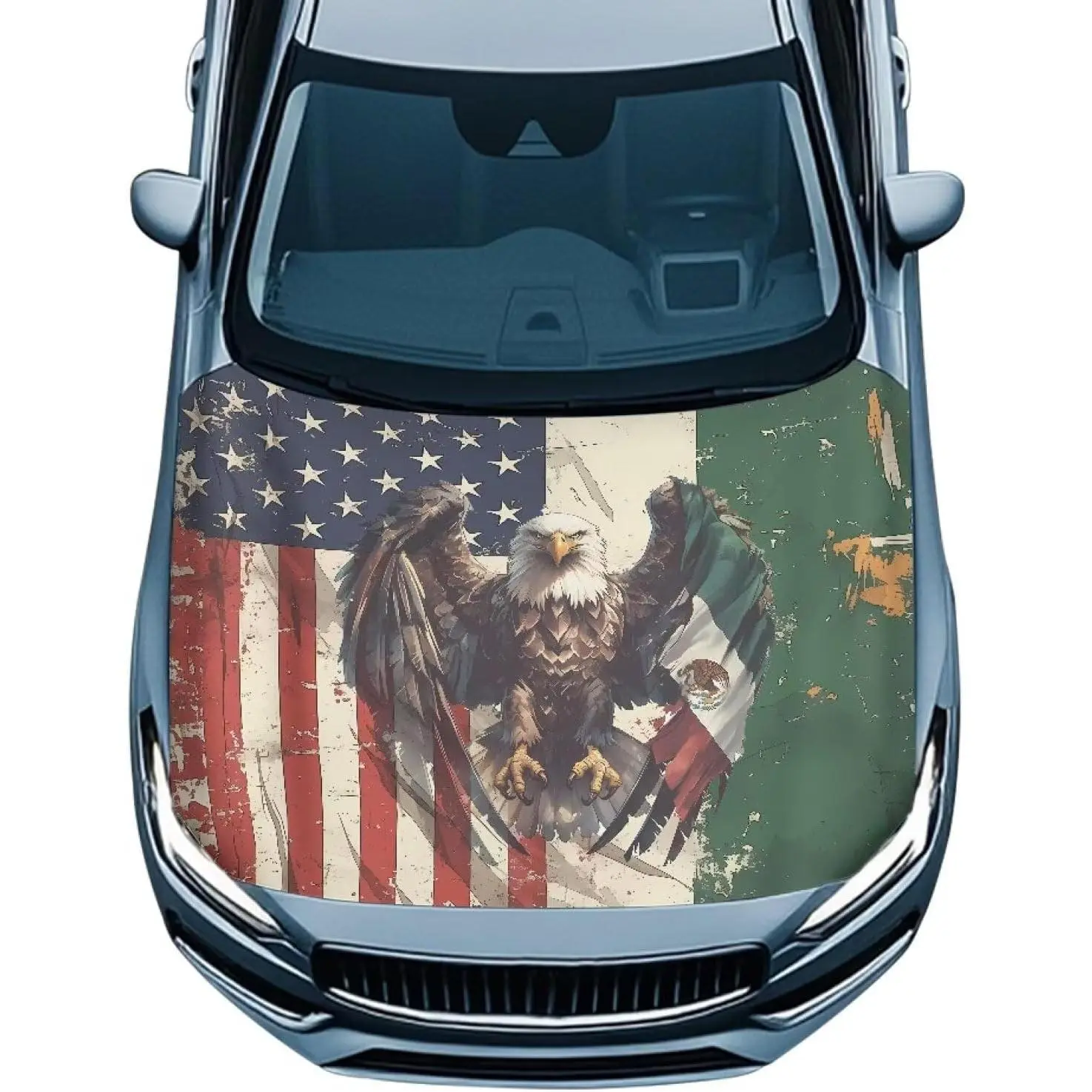 Polyester Eagle American-Mexican Flag Pattern Car Hood Cover - All-Weather Automotive Exterior Accessory, Universal Fit for Cars, Trucks, SUVs, Vans, Full Coverage Scratch Guard