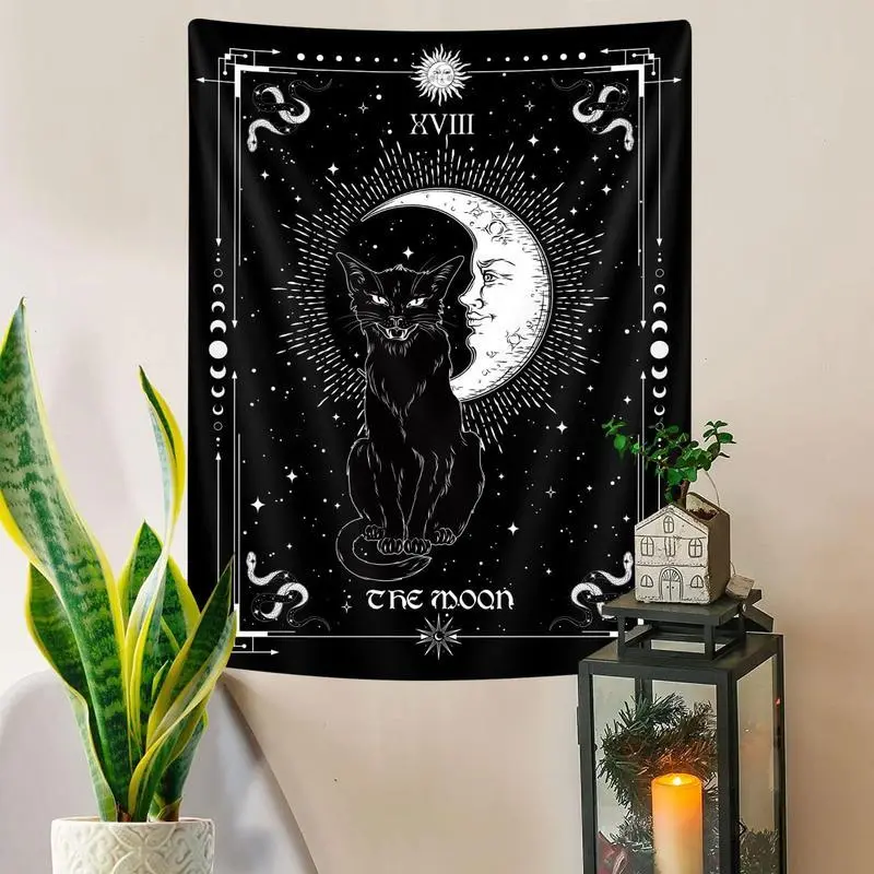 Gothic Black Cat Vertical Tapestry, Witchy Black and White Tarot Card Wing Bat Cat Cool Tapestry for Men, Moon Phases Aesthetic Anime Decor tapestry valentine's gift for bfwall decor flags