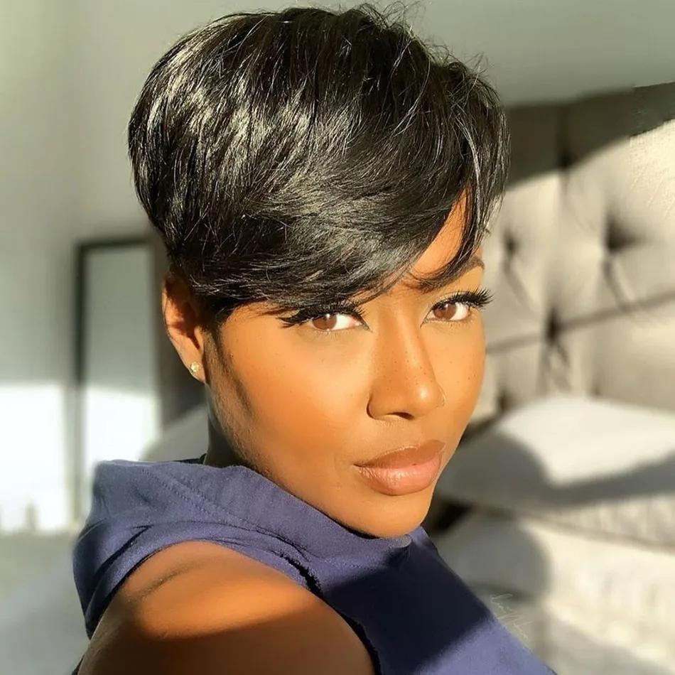Cikana Hair Short Human Hair Pixie Cut Wig Straight Hair Brazilian Hair Wig For Black Women Machine Made Wig With Bangs Cheap Human Hair Wig