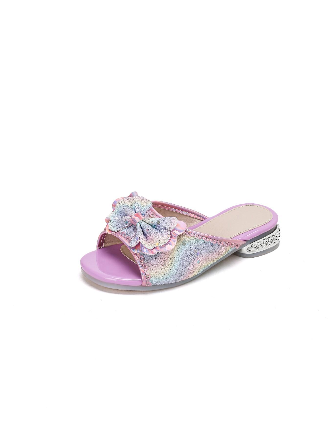 Girls' Pink/Blue Holographic Rainbow Glitter 3D Bow Decor Open Toe Soft Non-Slip Low Heel Mule Sandals | Dreamy Princess Style for Daily Wear / Performance / Banquet & Formal Occasions / Outing