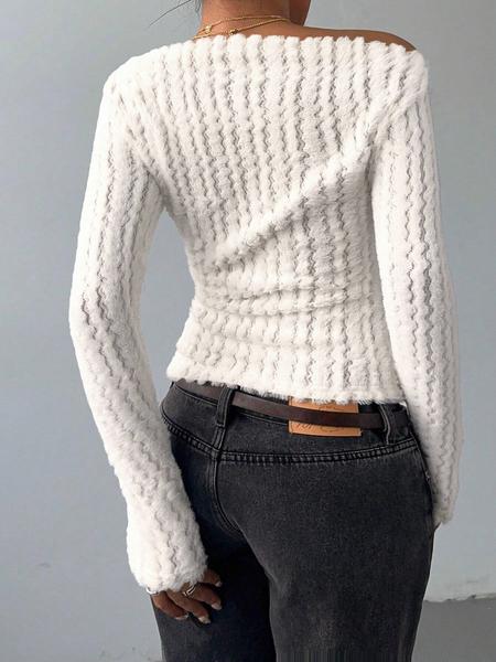 Valentine's Day Women's Bow Decor Asymmetrical Neck Tee, Cute Long Sleeve Top for Fall & Winter, Women's Clothing for Daily Wear