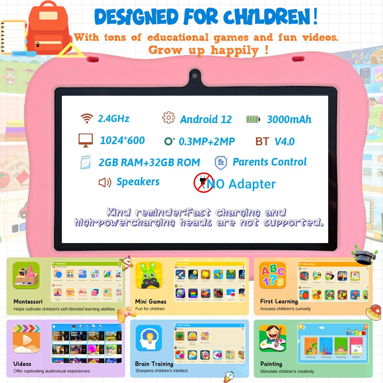 7-inch tablet | IWAWA learning application | Secure internet parental control | Sensitive touch screen+learning anti fall shell (blue/pink | no adapter) holiday gift, children have fun, parents feel more at ease