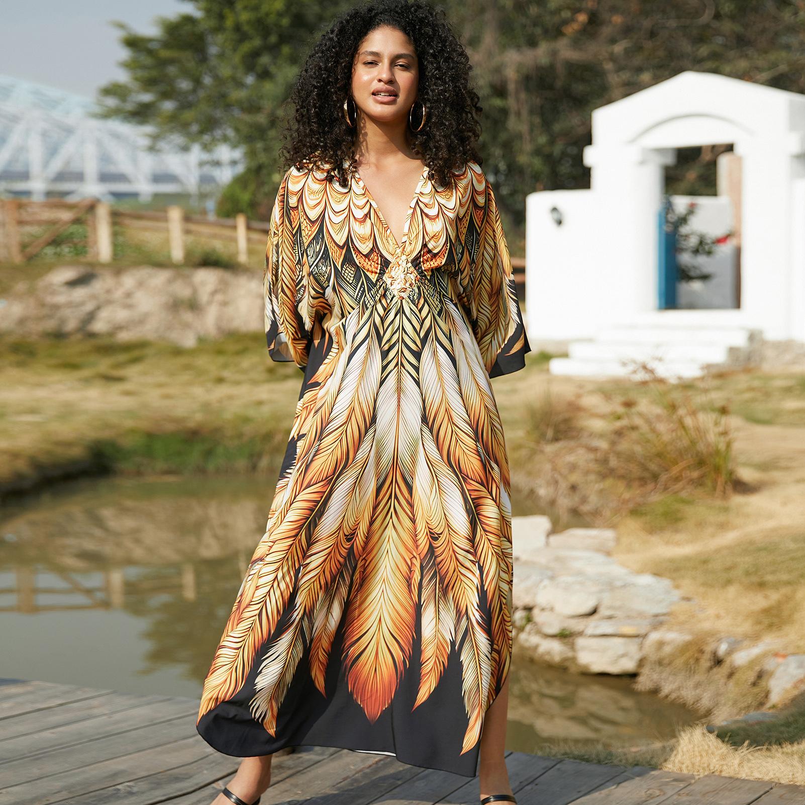 Bsubseach Women Ethnic Print Kaftan Beach Dress Plus Size Swimsuit Cover Up